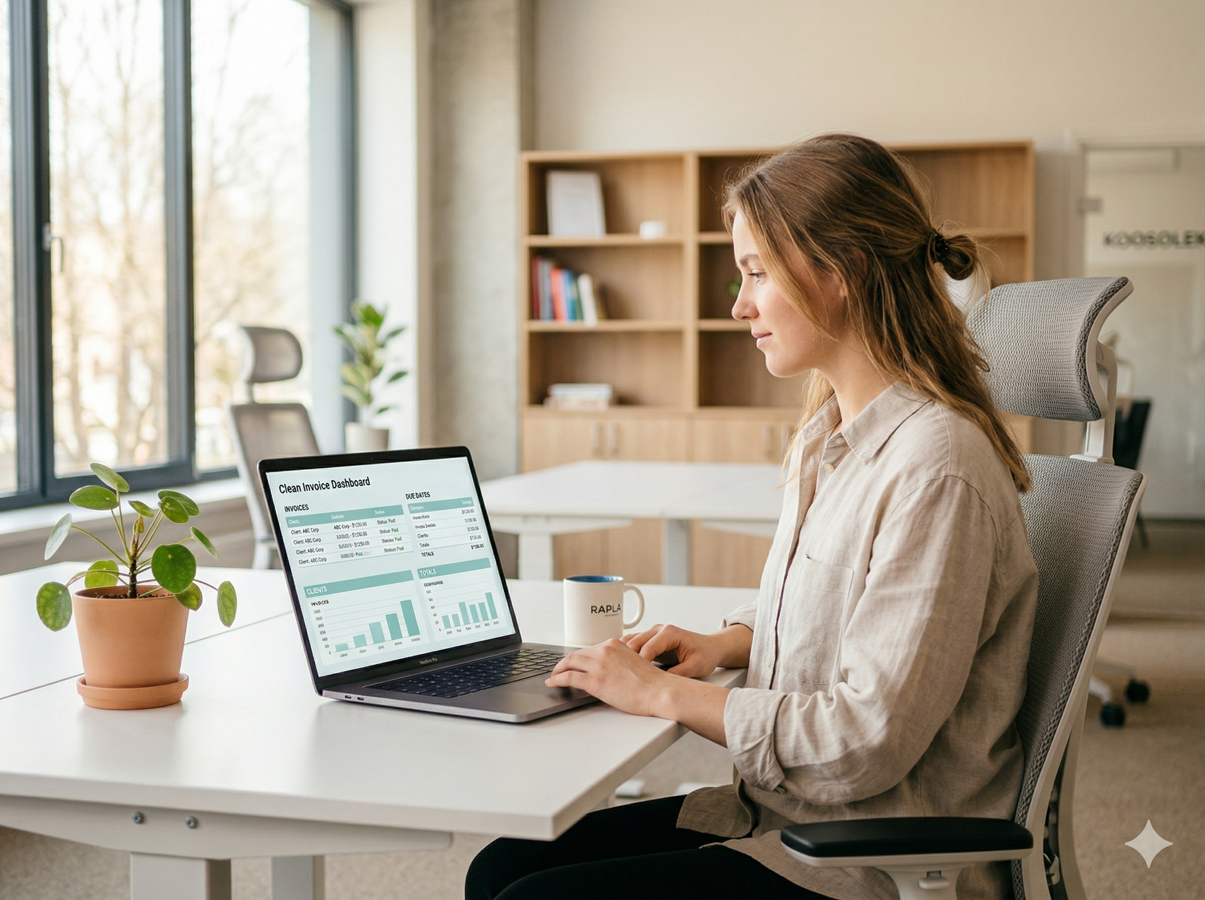 Two young colleagues in their late 20s, a woman and a man, looking at a laptop screen together showing a payroll table, friendly and collaborative atmosphere, bright modern small office, natural light, photorealistic, aspect ratio 4:3, resolution 1920x1080